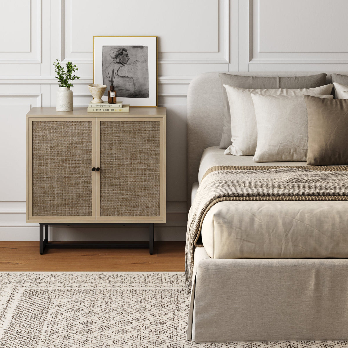 Kova light oak storage cabinet styled in a living room