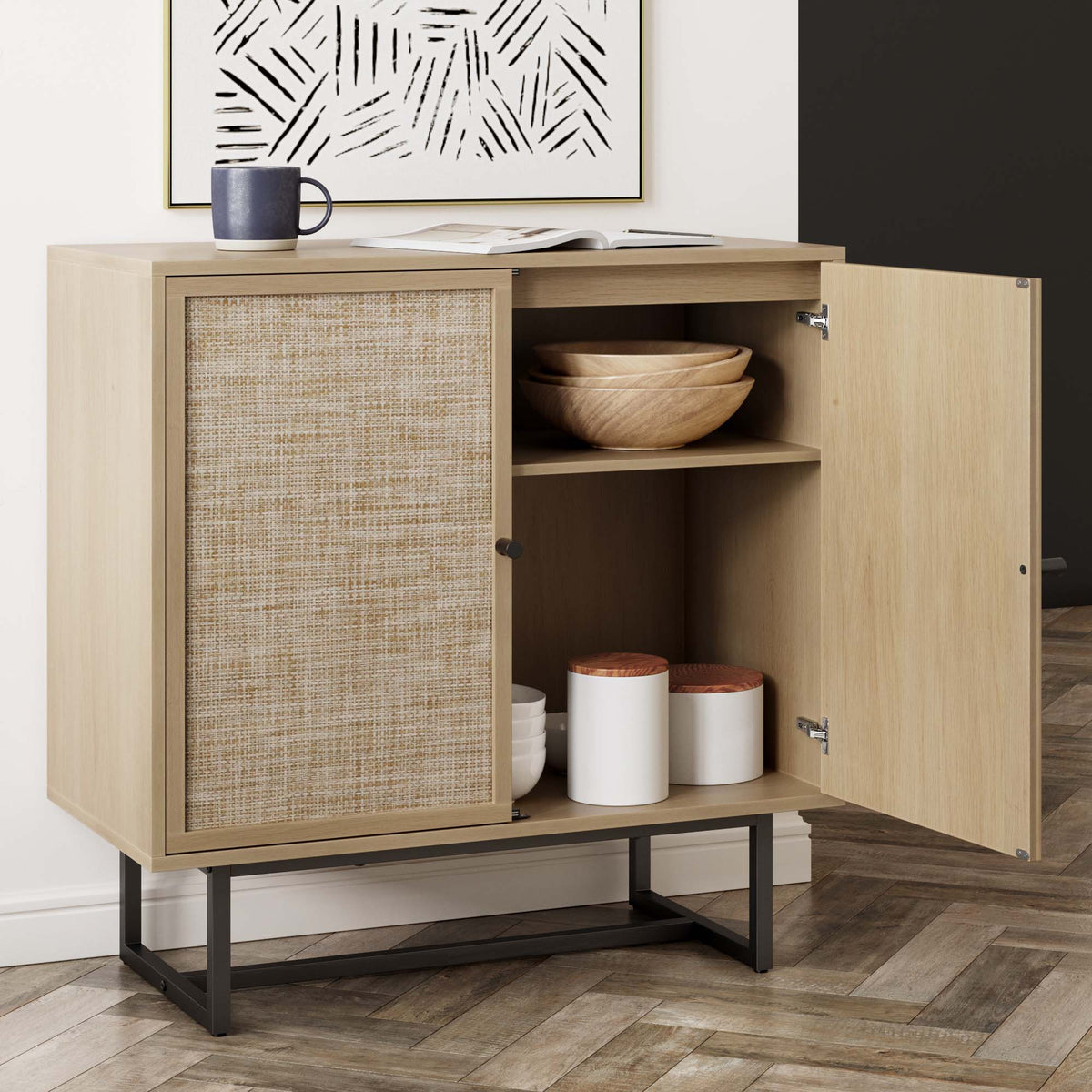Kova storage cabinet with doors open showing adjustable shelf