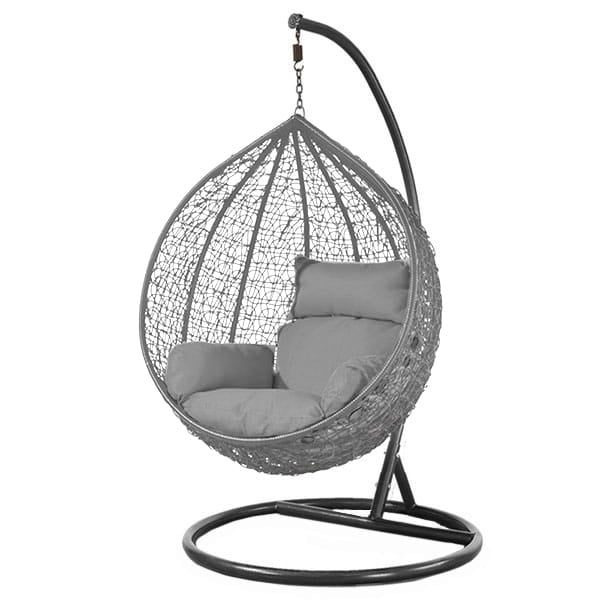 Grey egg hanging chair with black stand and soft cushions