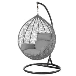 Grey egg hanging chair with black stand and soft cushions